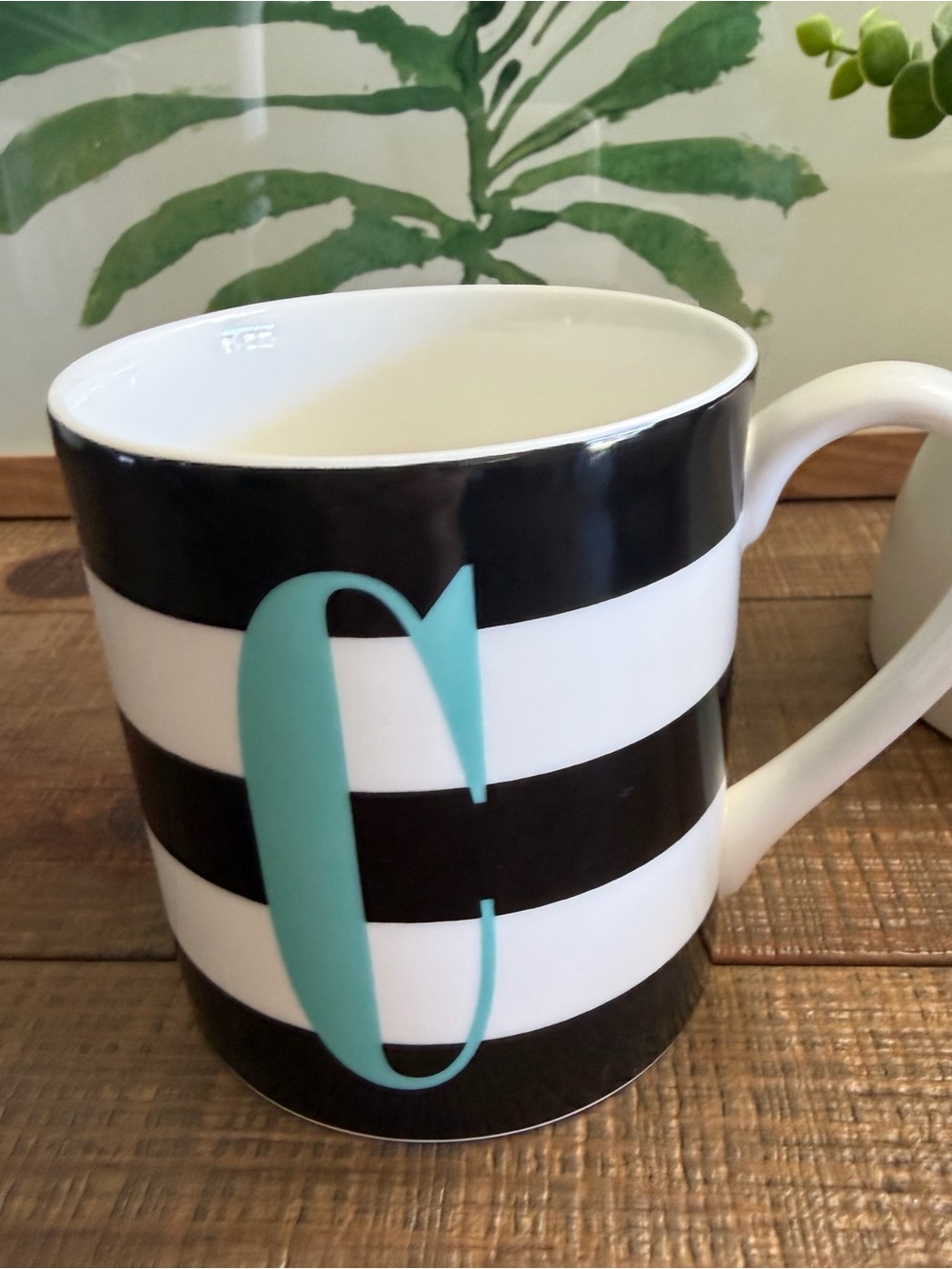 kate spade Black & White Stripe Mug with Aqua Monogram C